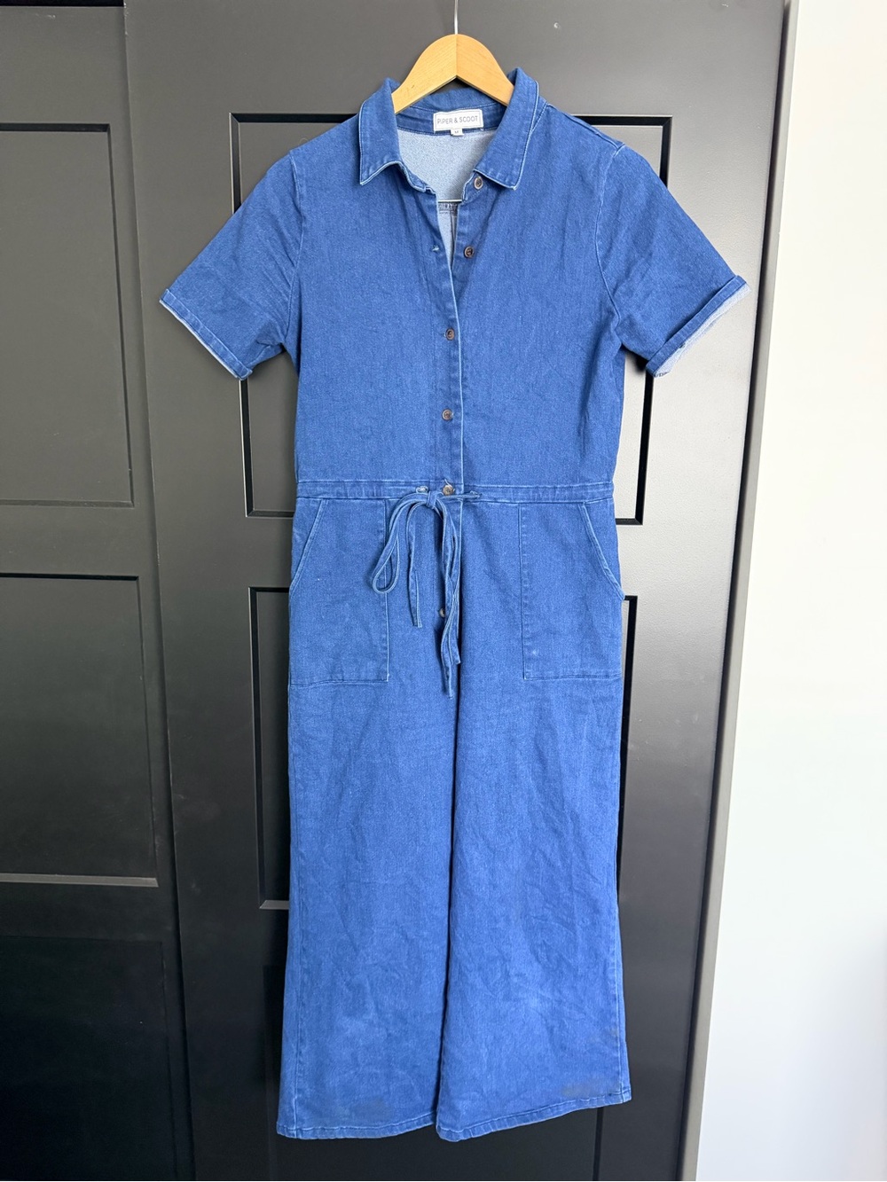Piper & Scoot Dark Wash Stretch Denim Wide Leg Jumpsuit Romper Medium (9/10)